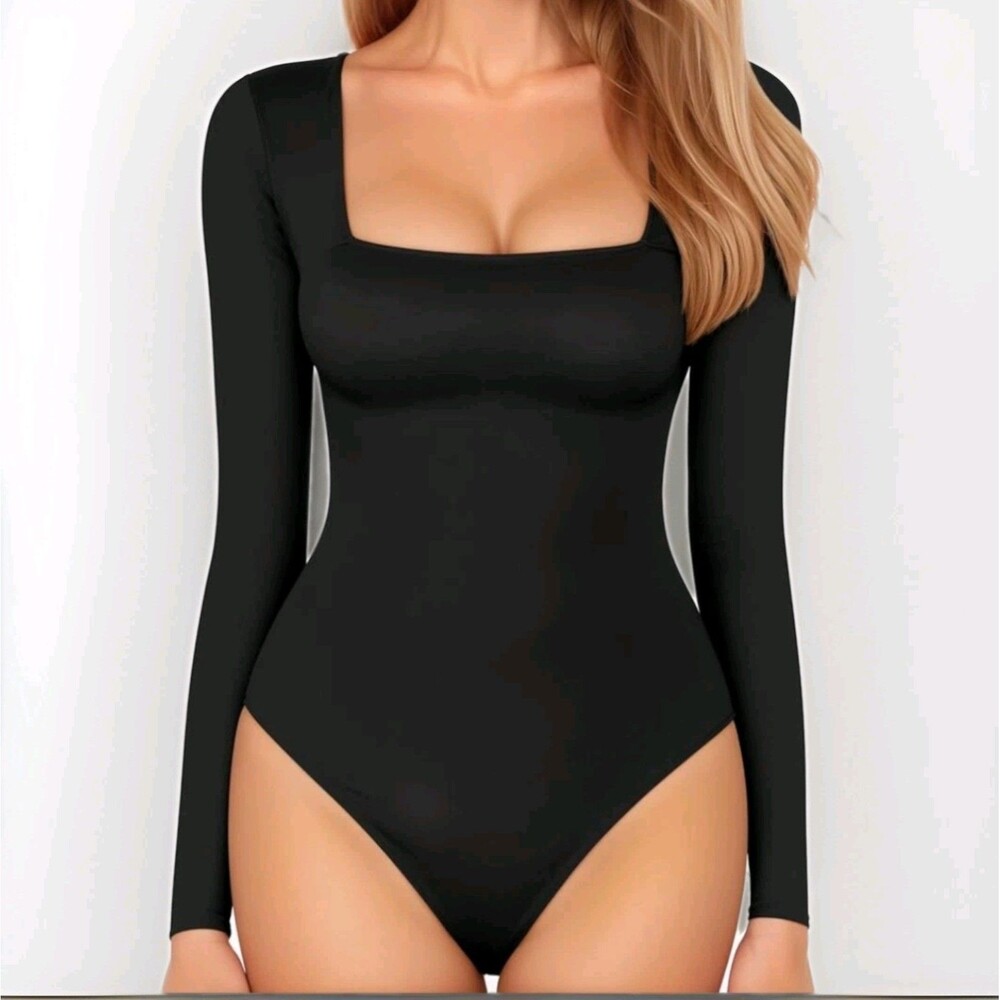 MANGOPOP Square Neck Long Sleeve Bodysuit Small Black Thong Back NWT Shapewear